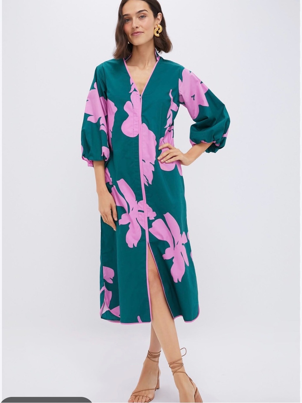Pomander Place Teal Midi Dress with Pink Floral Print